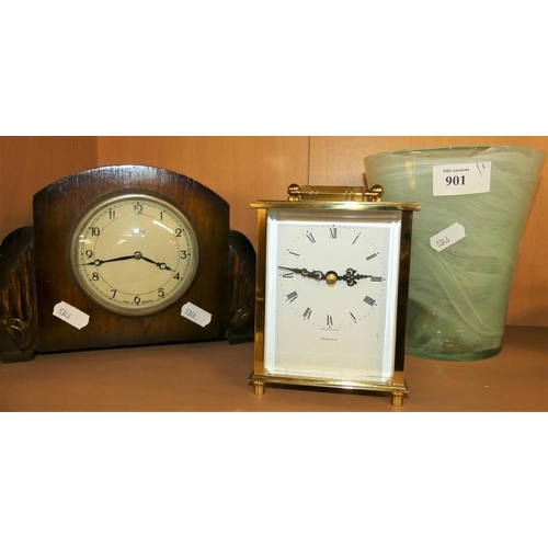 901 - Art Glass Vase, Modern Carriage Clock & Smiths 8 Day Mantel Clock.