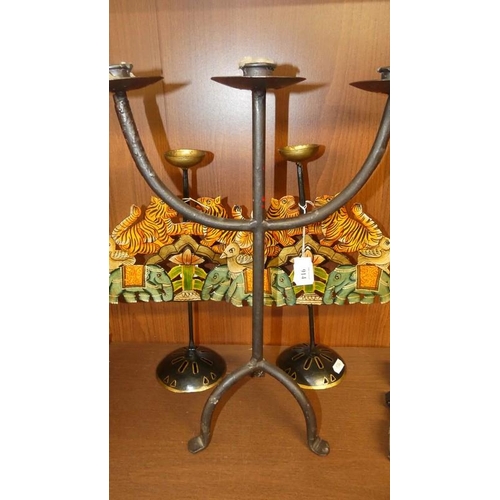 914 - Wrought Iron Three Branch Candlestick, Pair of Indian Painted Metal Candle Sticks.