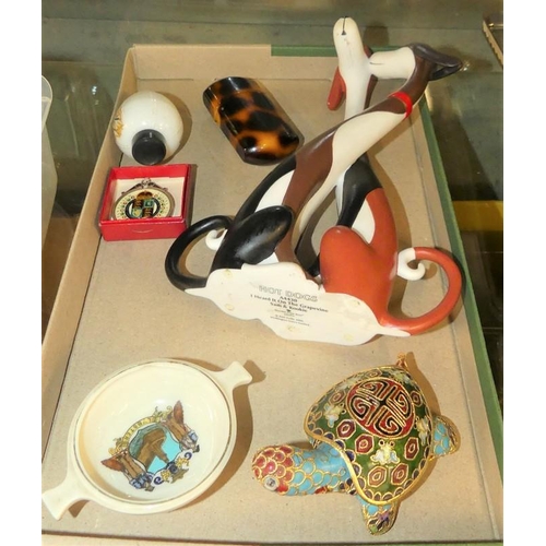 972 - Tray Lot - Border Fine Art Figure, Enamel Coin, Faux Tortoiseshell Case.