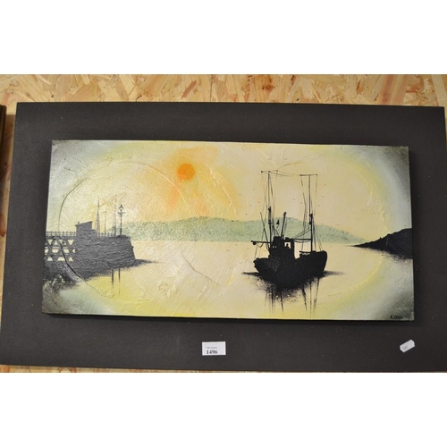 1496 - 1970's Oil Painting on Board, Fishing Boat in Harbour, signed A. Brash, measuring approx 61 x 20cm.