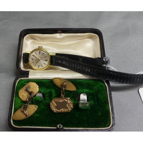 1810 - Pair of Gold Plated Cufflinks and a Ladies Bulova Wristwatch with Leather Strap.