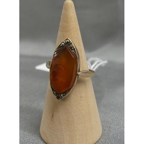 1816 - Art Deco Carnelian Marcasite Ring - UK Size H.