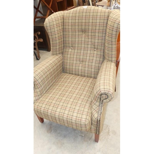 2547 - Plaid Upholstered Wing Back Armchair.