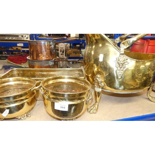 104 - Brass Coal Helmet & 3 Brass Planters