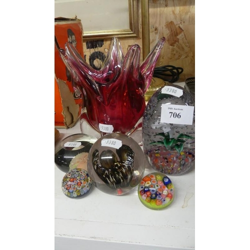 706 - Art Glass Vase & Assorted Paperweights.