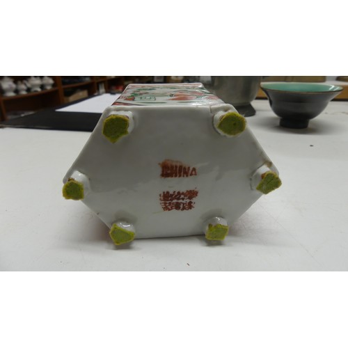 969 - Chinese Tea Poy, Chinese Pewter Tea Pot & Glazed Pottery Footed Dish.