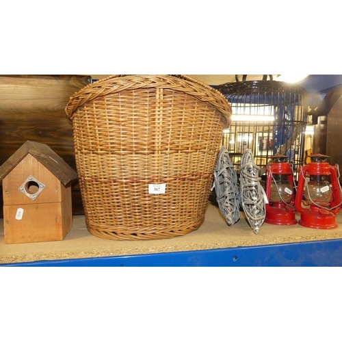 367 - Bird House, Basket, Oil Lamps & Wall Hangings