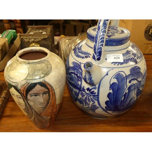 629 - Pottery Tea Pot & Painted Pottery Vase.