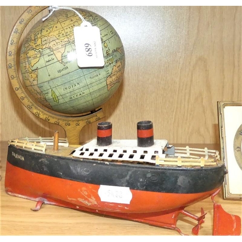 689 - Tin Plate Boat & Miniature Globe.