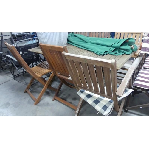 85 - Teak Patio Set (Table, 6 Chairs & Parasol) plus 4 Folding Teak Chairs.