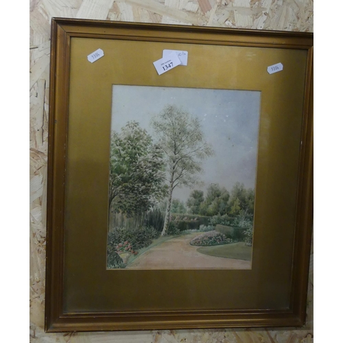 1347 - Framed Watercolour, Garden Scene, Unsigned measuring 23 x 29cm.