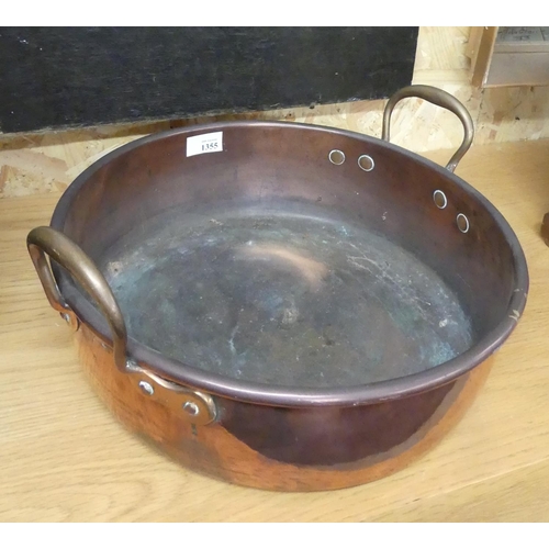 1355 - Large Copper Pan with Brass Carrying Handles, measuring approx 38cm in diameter.