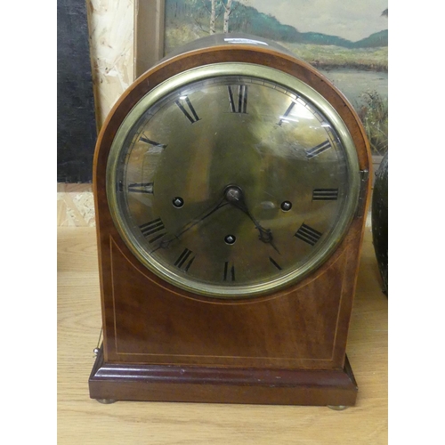 1356 - 19th Century Antique Satinwood Inlaid Mahogany Repeating Mantel Clock, brass dial with Roman numeral... 