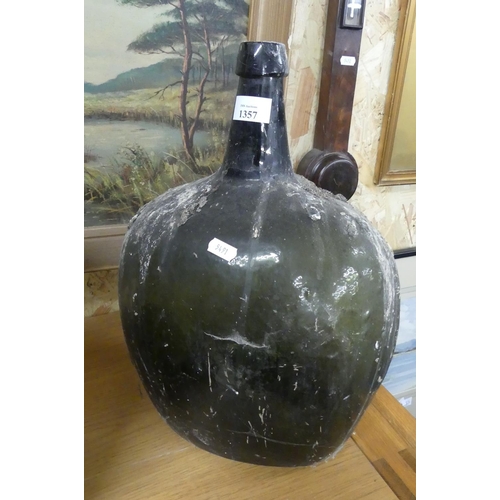 1357 - Large Antique Green Glass Onion Shaped Bottle, Standing approx 41cm tall.