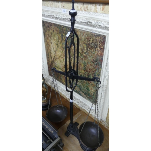 1382 - Victorian Metal Balance Scales with Copper Pans, approx 89cm tall.