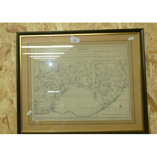 1399 - Antique Framed Map of Lisbon by F N Godinho C (Portuguese Lisbon Défense Map). 44 x 34cm.