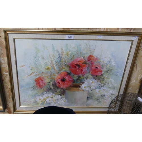 1403 - Framed Oil Painting - Poppies by May Hutchison, approx 60 x 43cm.