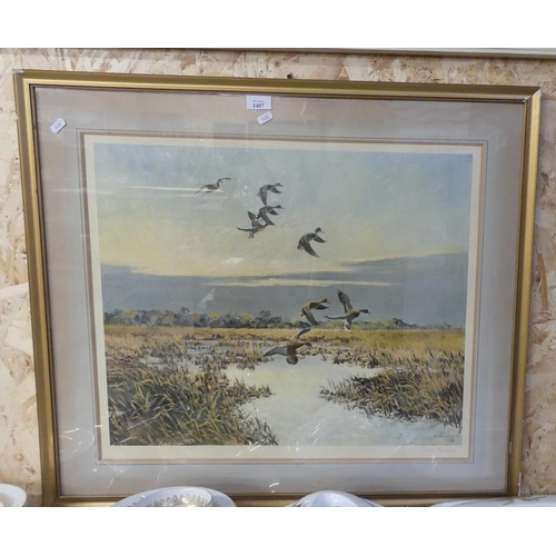 1407 - Signed Framed Print - Wildfowl Coming in to Roost by Hugh McMahon, approx 60 x 51cm.