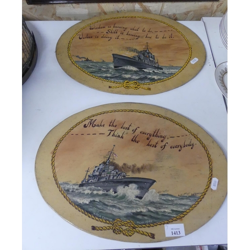 1413 - Pair of Vintage Tea Chest Paintings - USSR Convoy T gay 1944 & The River Plate T Gay 1944, approx 43... 