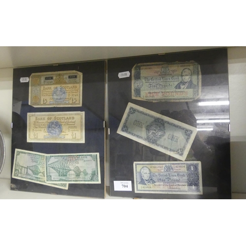 704 - Assorted Framed Vintage UK Banknotes.