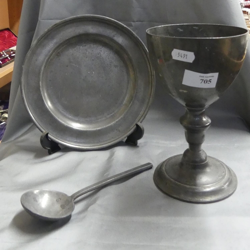 705 - Antique Pewter Goblet, Plate & Spoon.