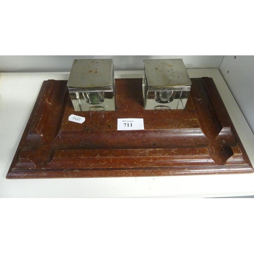 711 - Antique Desk Inkstand with Two Glass Inkwells with Plated Lids.