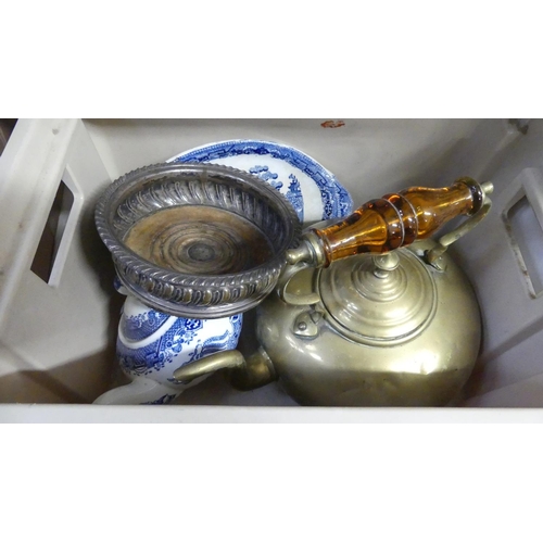 715 - Box - Blue & White China, Brass Kettle etc.