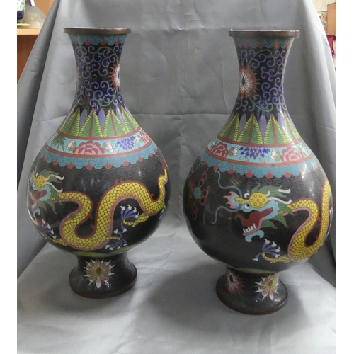 717 - Pair of Oriental Cloisonne Vases Decorated with Dragons, standing approx 34cm tall.