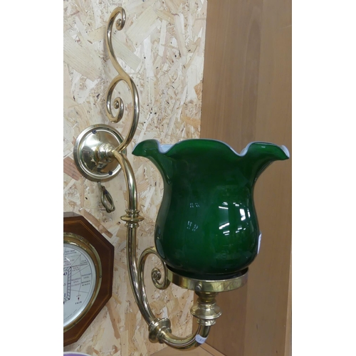 732 - Brass Wall Light with Green Glass Shade.