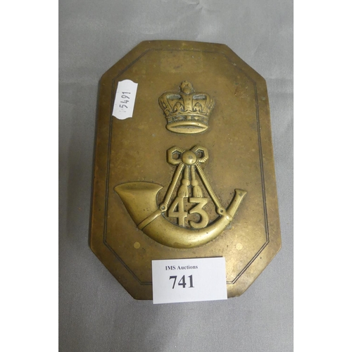 741 - Brass Military Plate - 43rd Regiment of Foot (Monmouthshire), approx 15 x 10cm.