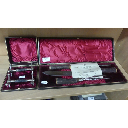 742 - Cased Horn Hand Carving Set & Similar pair of Silver Mounted Knife Rests in Case.