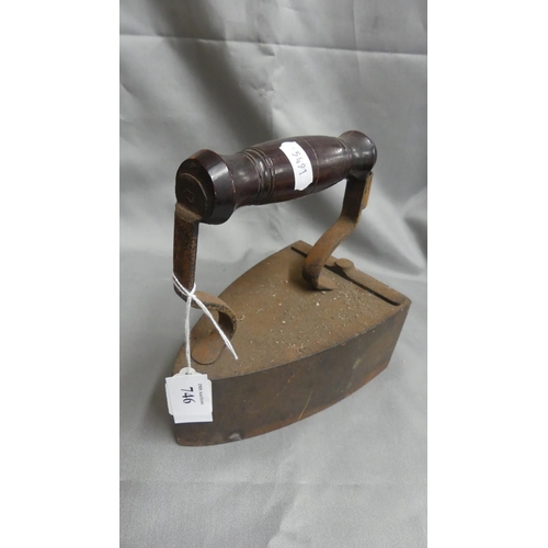 746 - Antique Box Iron with Turned Wood Handle.