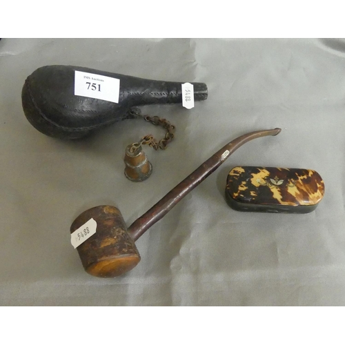 751 - Horn Snuffbox, Briar Pipe & Shot Flask.