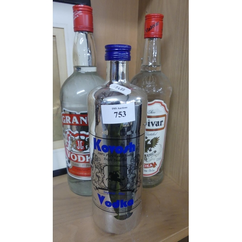 753 - Three Bottles of Assorted Vodka.