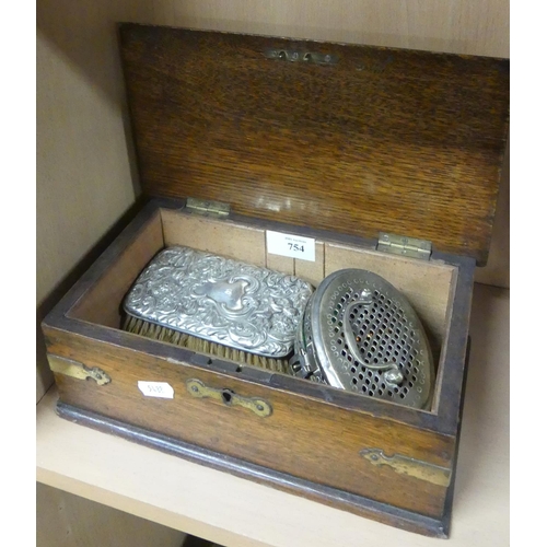 754 - Oak Box with Brass Mounts, Silver Backed Brush etc.