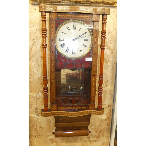 761 - Antique Inlaid Wall Clock, white painted dial, roman numerals, mirrored back.