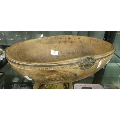 963 - Antique Burr Elm Bowl with Decorative Metal Mounts, approx 43 x 25cm.