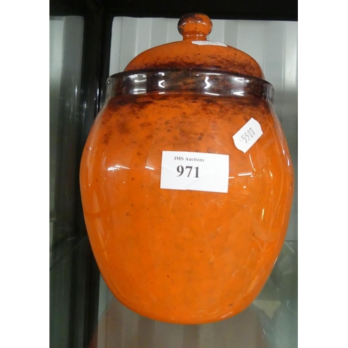 971 - Orange Coloured Monart / Perth Glass Biscuit Barrel & Cover.