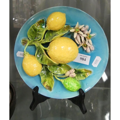 984 - Menton Pallisy Pottery Plate Decorated with Lemons.