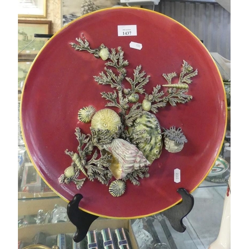 1437 - Palissy Style Pottery Seashell Encrusted Wall Plaque, approx 40cm in diameter.