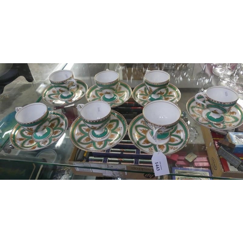 1443 - Seven Green, White & Gilt Cups & Saucers.