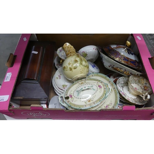 1451 - Box - Mahogany Tea Caddy, Imari Tureen, Part Tea Set etc.