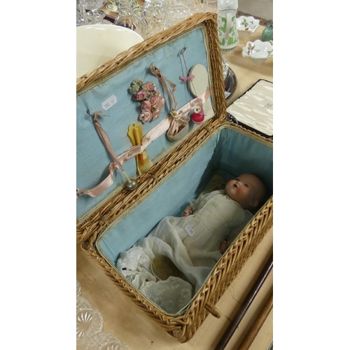 1496 - Antique AM Bisque Baby Doll, Doll Vanity Items etc in Fitted Basket