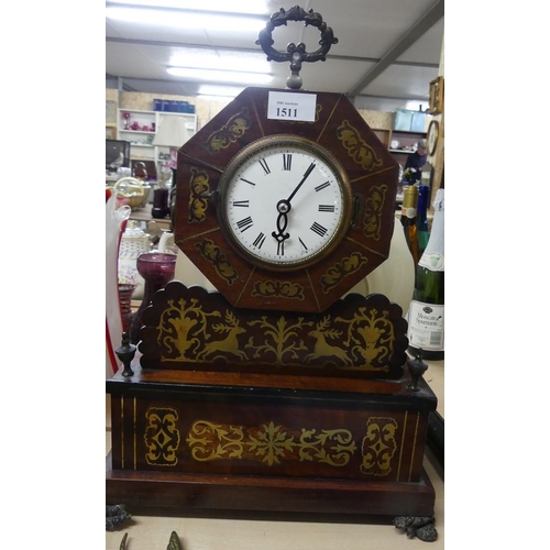 1511 - Mahogany & Brass Inlaid Mantel Clock (Battery Movement).