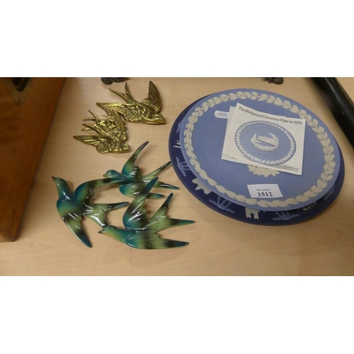 1512 - Three Wedgwood Blue Jasper Christmas Plates, Two Sets of Three Flying Swallows.