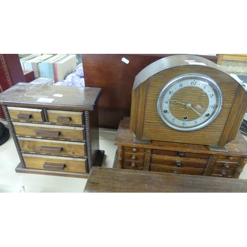 1548 - Two Miniature Stained Wood Chests & Mantel Clock.