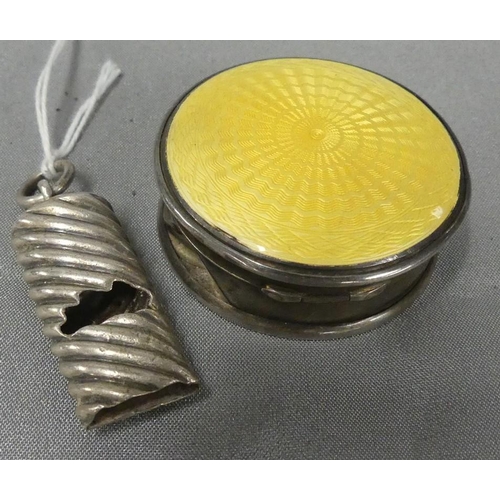 1586 - Silver Whistle & Yellow Guilloche Enamel Pill Box.