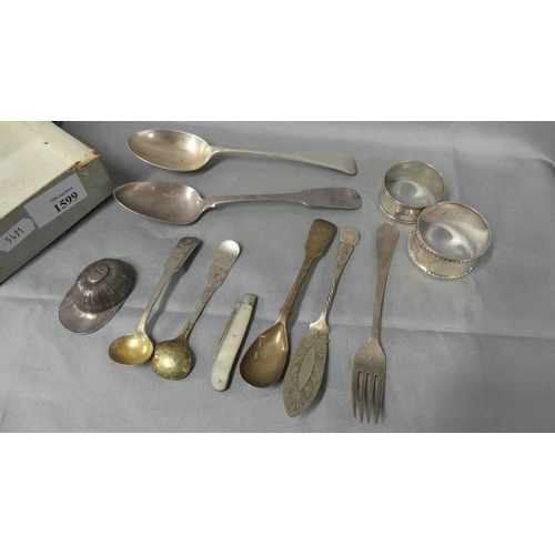 1599 - Assorted Silver Spoons, Napkin Ring, Fruit Knife etc, 5.8oz troy.