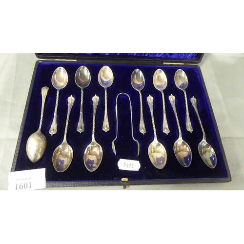 1601 - Cased Set of 12 Birmingham Silver Coffee Spoons & Tongs in Fitted Case, 3.7oz troy.