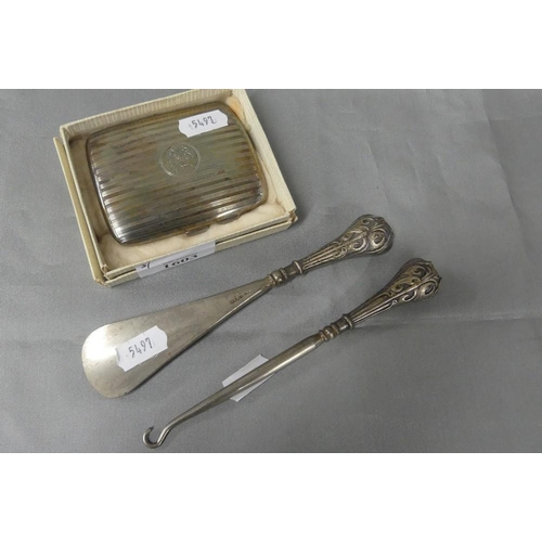 1603 - Birmingham Silver Cigarette Case, Silver Mounted Shoe Horn & Hook.